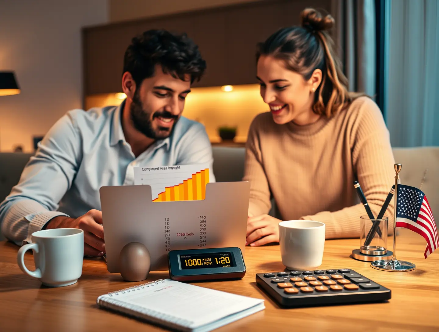 30s couple planning retirement with compound interest charts, USA 2024 strategies